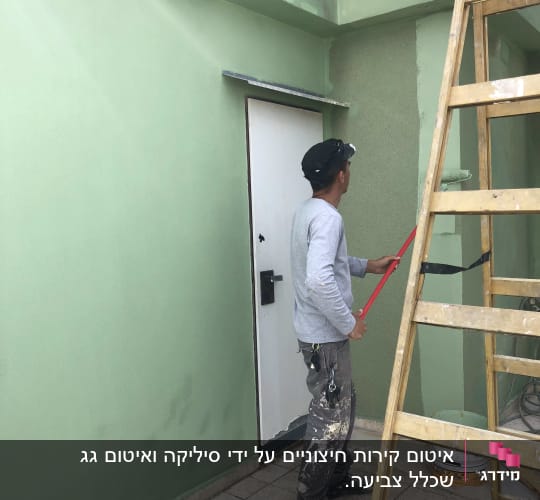 אדם צובע קיר ירוק עם מברשת, סולם לידו